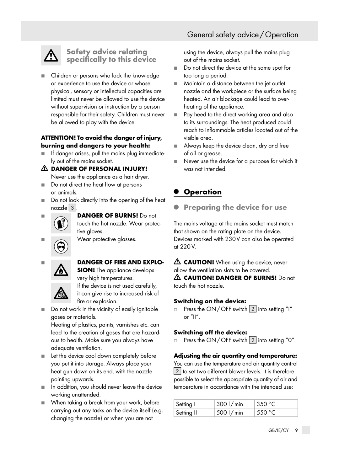 Parkside PHLG 2000-2 manual General safety advice / Operation, Safety advice relating specifically to this device 